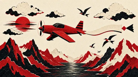 Lítil rauð flugvél flýgur yfir firði og fjöll með langan auðan flugmiða í eftirdragi og kríur fljúga með.