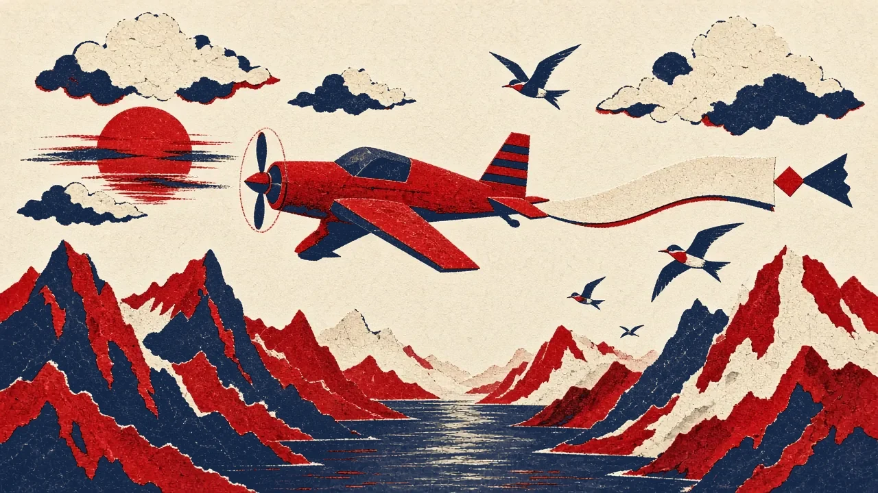 Lítil rauð flugvél flýgur yfir firði og fjöll með langan auðan flugmiða í eftirdragi og kríur fljúga með.