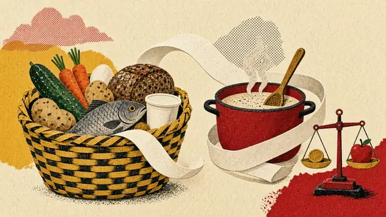 Innkaupakarfa með gúrku, kartöflum, gulrótum, fiski, rúgbrauði og eggjum; langur auður kassastrimill vefst um pott og vog vegur mynt á móti epli.