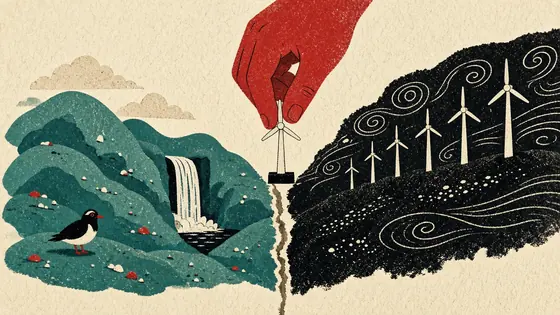 Dalur klofinn í tvennt: mosavaxin heiði með fugli og fossi öðrum megin, vindmyllur á dökkum hrygg hinum megin, og hönd setur litla vindmyllu á markalínuna.